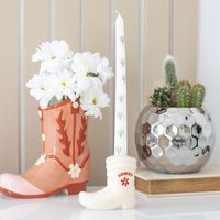 Cowboy Boot Candle Holder With Taper Candle And Cactus Design - White