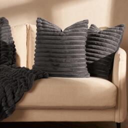 Pack Of Faux Fur Ribbed Filled Cushions - Charcoal / 2 - thumbnail 2