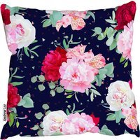 Navy Floral Print With Burgundy Red And Pink Peony Cushion - Pink / 60cm