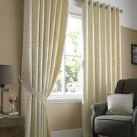 Faux Silk Dupion Leaf Jacquard Ring Top Curtains - Cream / 183cm / 168cm