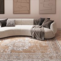 Distressed Traditional Medallion Area Rug with Decorative Border - Warm Beige / 110 x 60cm - image 1