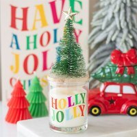 Holly Jolly Pine Fir Glass Candle with Tree Festive Home Decor - White