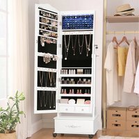 SONGMICS Jewellery Cabinet with Wheels and LED Lighting, Lockable - White