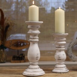 Elegant Whitewashed Mango Wood Candle Stand Medium Classic Design - White - thumbnail 4