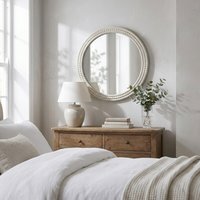 Light Washed Wood Round Beaded Mirror - White - thumbnail 1