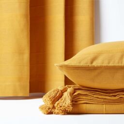 Homescapes Cotton Rajput Ribbed Curtain Pair - Mustard / 137cm - thumbnail 3