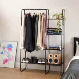 Freestanding 4-Shelf Coat Rack with Hanging Rail - Black - thumbnail 2