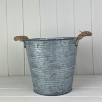 Grey Ribbed Metal Finish Zinc bucket with Hessian Ears - Grey