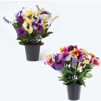 Homescapes Set of 2 PurpleYellow Pansy Roses Artificial Flowers in Grave Vases - Cream Red Yellow Purple