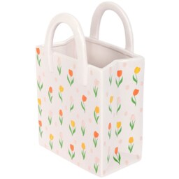Tulip Print Ceramic Bag-Shaped Flower Vase - White - thumbnail 4
