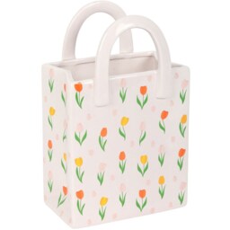 Tulip Print Ceramic Bag-Shaped Flower Vase - White - thumbnail 3