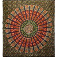 Double Cotton Bedspread  Wall Hanging - Peacock Mandala, Green - Green