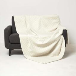 Homescapes Diamond Quilted Velvet Bed Throw - Cream - thumbnail 3