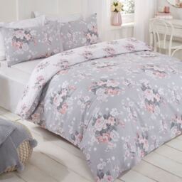 Dreamscene English Rose Floral Duvet Cover Bedding Set - Silver / Double - thumbnail 3