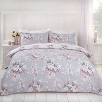 Dreamscene English Rose Floral Duvet Cover Bedding Set - Silver / Double - thumbnail 1