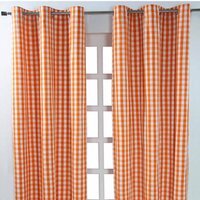 Cotton Block Check Gingham Eyelet Curtain Pair - Orange / 137cm / 228cm