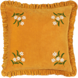 Daisy Frill Embroidered Velvet Cushion - Gold / Polyester - thumbnail 2