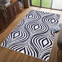 Valencia Modern Ogee Design Carved Area Rugs - Navy / 60x220 cm Runner - thumbnail 1
