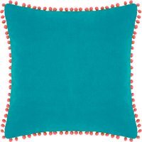 Velvet Pom Pom Cushion 45 x 45cm - Teal-Coral / Polyester