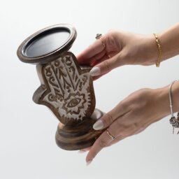 Mango Wood Hamsa Candle Stand Small Durable Hand Carved Decor - Brown - thumbnail 2