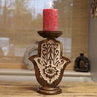 Mango Wood Hamsa Candle Stand Small Durable Hand Carved Decor - Brown