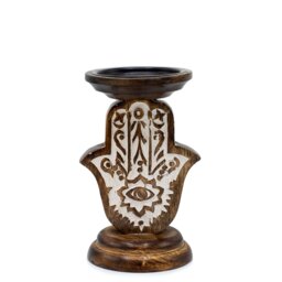 Mango Wood Hamsa Candle Stand Small Durable Hand Carved Decor - Brown - thumbnail 4