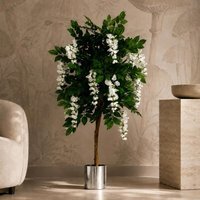 130cm Artificial Wisteria Tree White Flowers Copper Planter - Green Flowering Tree