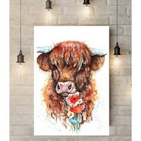 Highlander with Meadow Flowers Canvas Wall Art - Brown / 30 x 20 in