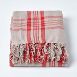 Grey and Red Tartan Check Sofa and Bed Throw - Red and Grey / 225 x 255 cm - thumbnail 3