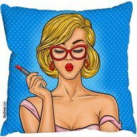 Pop Art Illustration Woman Paints Her Lips Outdoor Cushion - Blue / 60cm - image 1