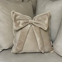 Cream Bespoke Velvet Bow Cushion With Piping  - Cream