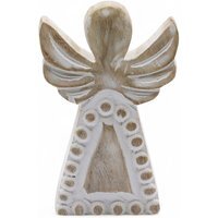 Hand Carved Mango Wood Angel Figurine, Whitewashed Rustic for Home - White