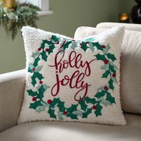 Holly Wreath Embroidered Cushion - Multi / Polyester - image 1