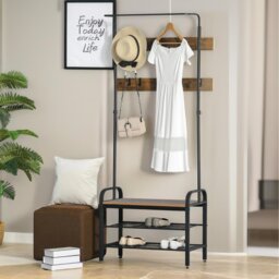 Industrial Coat Rack Stand With 2 Shelves  8 Hooks - Brown - thumbnail 5