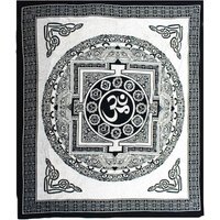 Double Cotton Bedspread  Wall Hanging - OM Mandala, Handmade, Serene Decor - Black