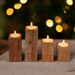 4pc Wooden Tealight Candle Holders - Brown - thumbnail 3
