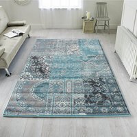 Traditional Patchwork Living Room Rug - Aqua Blue / 170 x 120cm