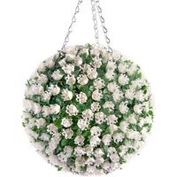 Best Artificial 28cm White Rose Hanging Basket Flower Topiary Ball - White - thumbnail 1