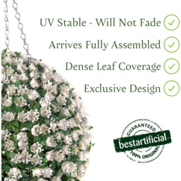 Best Artificial 28cm White Rose Hanging Basket Flower Topiary Ball - White - thumbnail 2