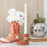Cowboy Boot Candle Holder With Floral Taper Candle - Brown