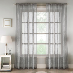 Pair of Slot  Top Sheer Voile Panels with Metallic Shimmer Print - Grey / 122cm - thumbnail 2