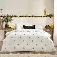 Winter Forest Cotton Embroidered Duvet Cover Set - White-Forest Green / Single