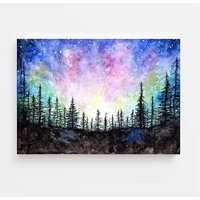 Northern Lights Watercolour Print on Canvas - Blue / 16 x 24 in