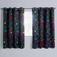 Pair Of Kids Gaming Print Blackout Eyelet Curtains - Black / 168cm / 137cm