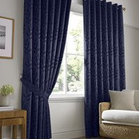 Faux Silk Dupion Leaf Jacquard Ring Top Curtains - Navy Blue / 117cm / 183cm