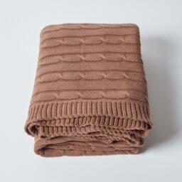 Homescapes Cotton Cable Knit Throw - Brown / 170cm - thumbnail 2