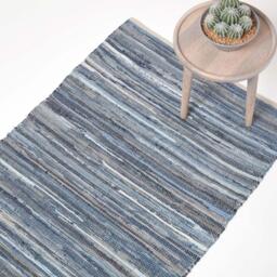 Homescapes Blue Denim Handwoven Striped Chindi Rug - Blue / 150cm - thumbnail 2