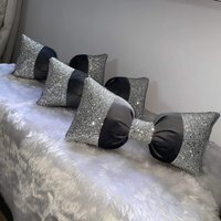Plush Grey Sparkly Bow Cushion - Grey