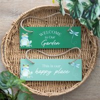 Garden Welcome Sign With Frog And Dragonfly Decor - Green - thumbnail 1