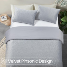 Velvet Embossed Leaf Pattern Duvet Set - Silver / King - thumbnail 4